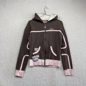 Y2K Logik Full Zip Hoodie Wom Sz S Brown / Pink Racing Skate 2000's Emo Goth